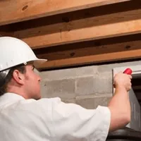 Termite inspection technician checking a basement wall and framing for termite activity in Fort Collins, CO